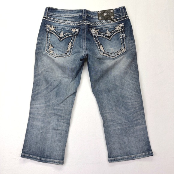 Miss Me Denim - Miss Me Capri Jeans Womens 30 Blue Medium Wash Rhinestone Embroidered JP5418P
